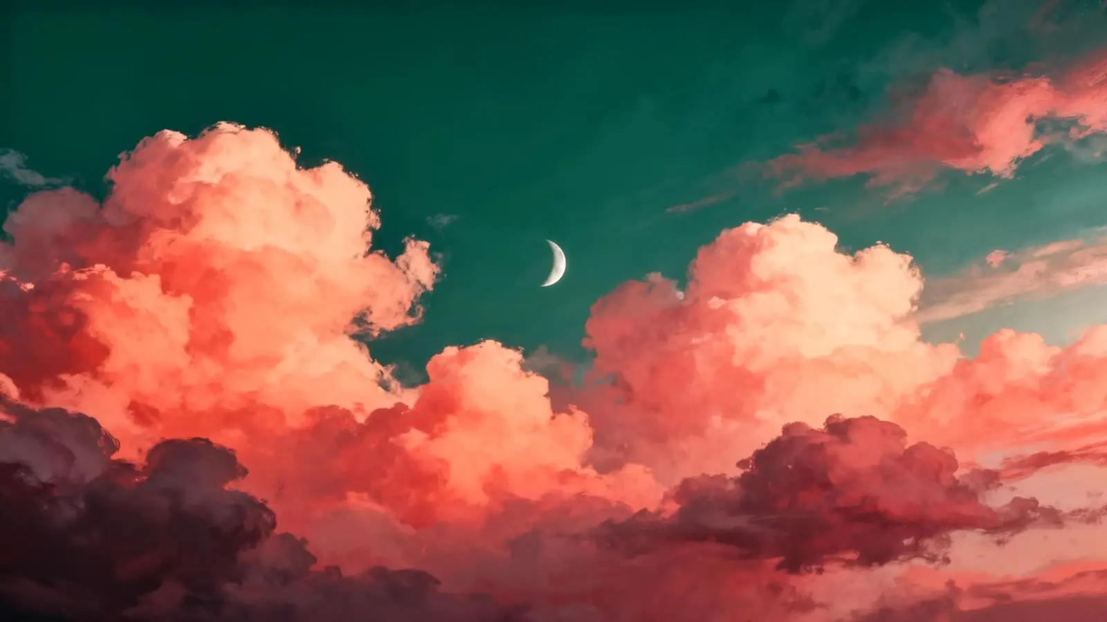 Dreamy coral and teal cloudscape with crescent moon
